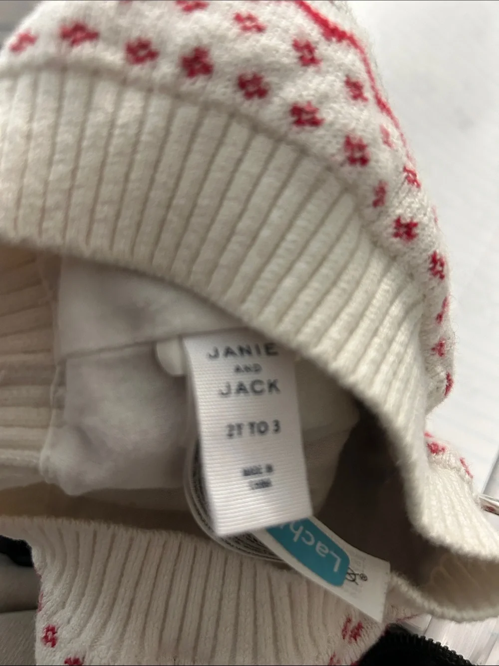 Janie and Jack Kids Navy Cream Pom Pom Winter Beanie w Tree Pattern. Size 2/3T
